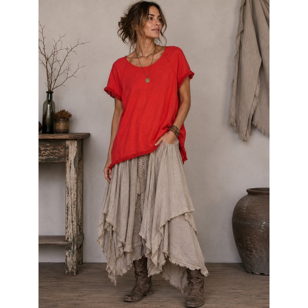 Umgee S‎ Red Orange Fringe Hem Lagenlook Top Boho Raw Edge Short Sleeve